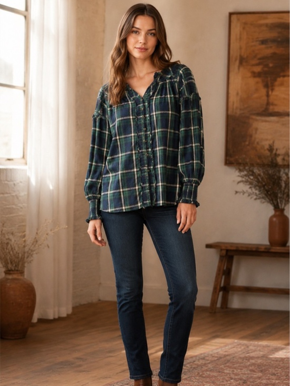 We The Free Plaid Ruffle Button Front Blouse Tunic XS